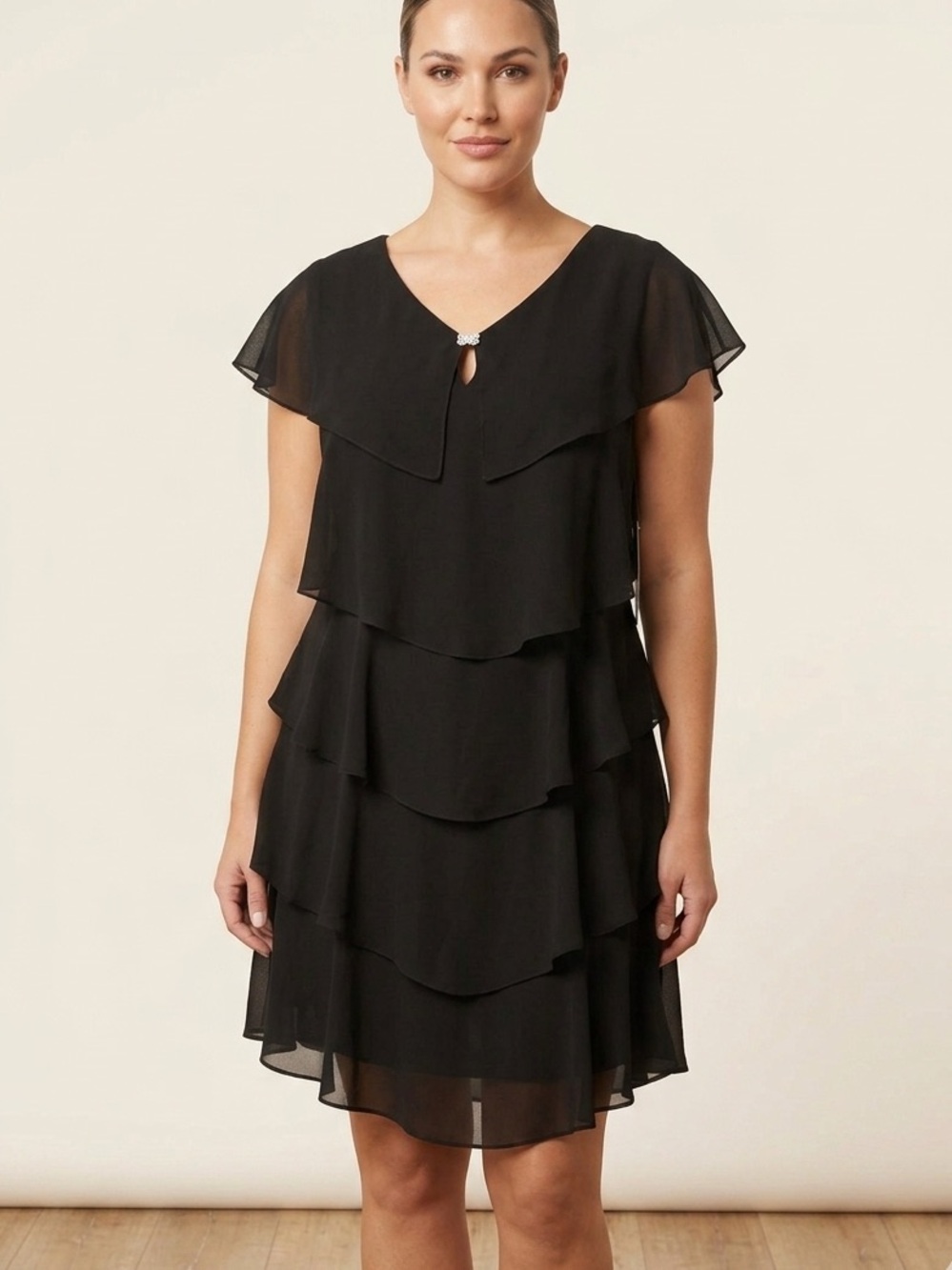 Patra Black Tiered Chiffon Flutter Sleeve Cocktail Dress NWT Size 12